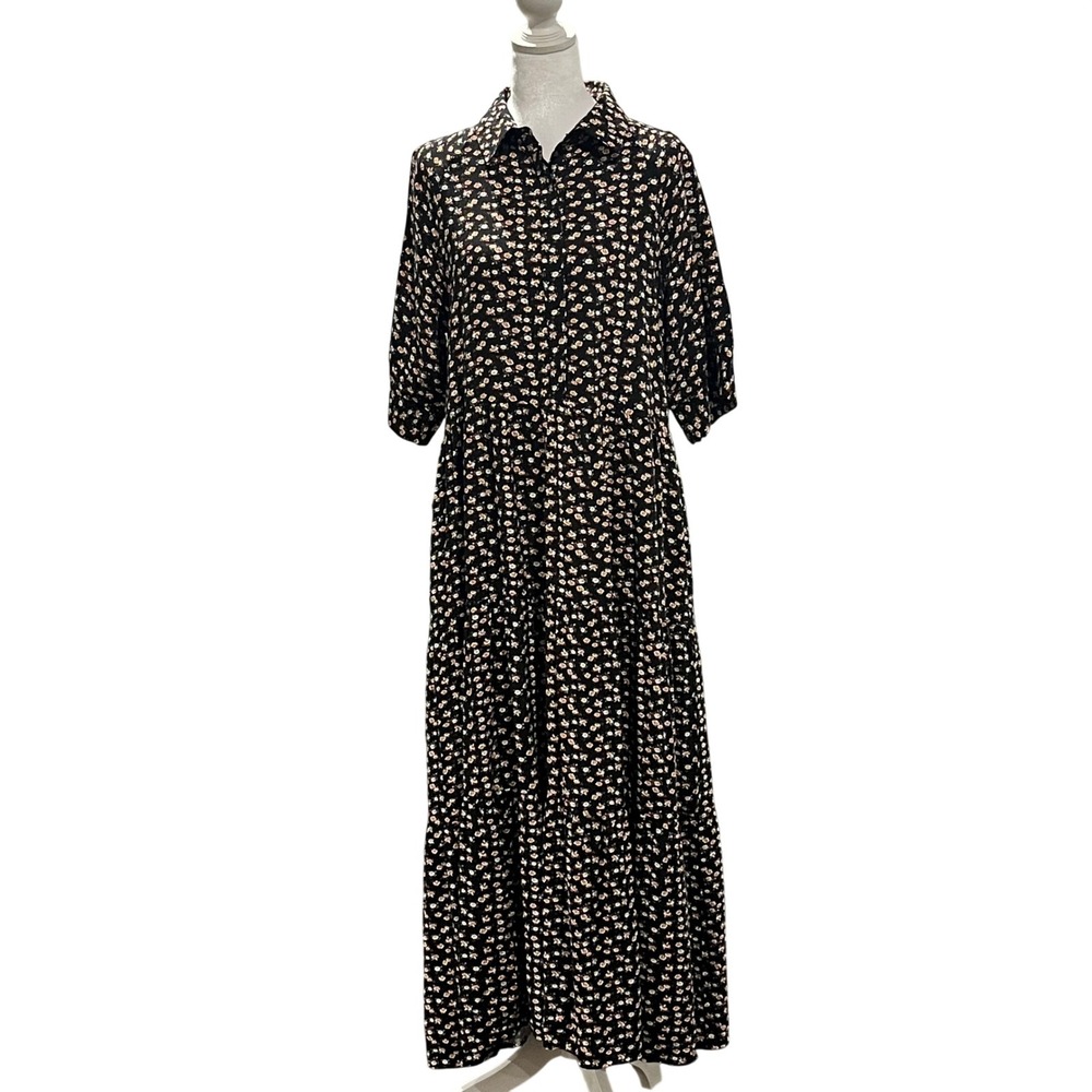 Ella Simone Dress Black Ditsy Floral Tiered Button Front Midi Women's Medium